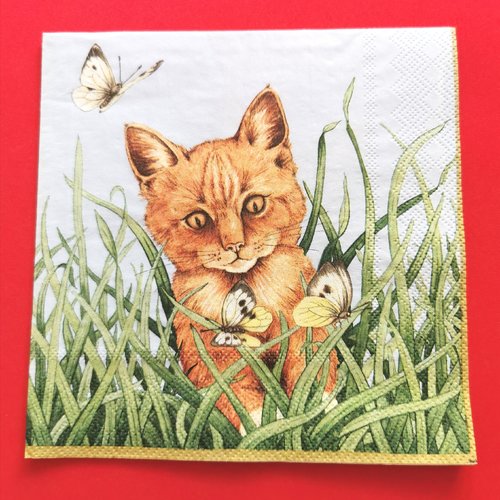 Serviette papier/napkin : "chat roux dans l'herbe, papillons"
