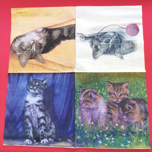 Serviette papier/napkin : "chat et chatons, pré, fleurs, pelote de laine"