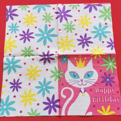 Serviette papier/napkin : "princesse chatte, anniversaire, happy birthday, couronne, fleurs"
