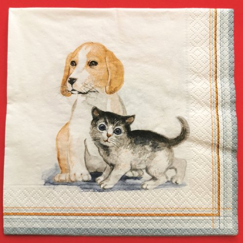 Serviette papier/napkin : "chiot et chaton"