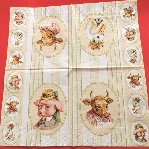 Serviette papier/napkin : "la vache et son tablier, le cochon et son canotier, l'oie et son chapeau fleurie"