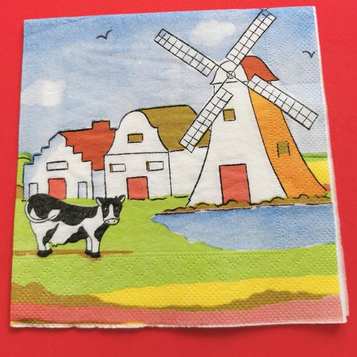 Serviette papier/napkin : "la vache hollandaise, moulin à vent, ferme"