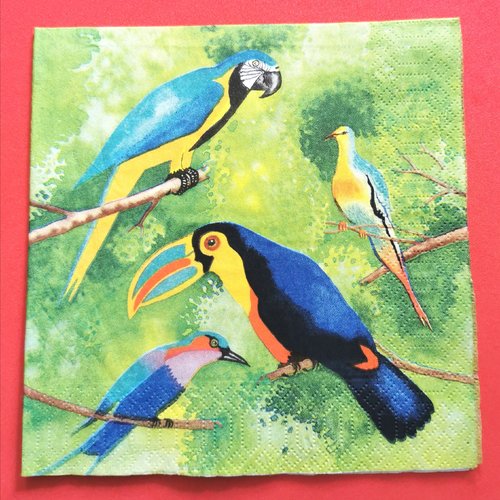 Serviette papier/napkin:  "perroquet aras, toucan, colibri"