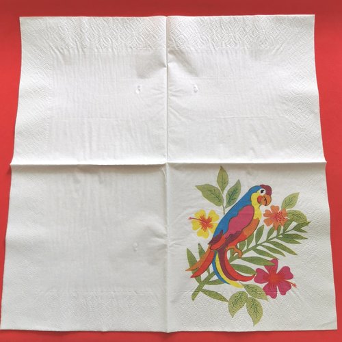 Serviette papier/napkin:  "perroquet rouge, vert, beu, jaune, fleurs d’hibiscus, feuilles de palmier"