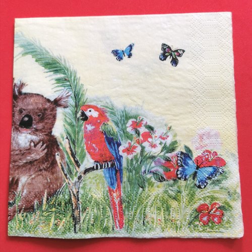 Serviette papier/napkin:  "perroquet aras rouge et bleu, koala, papillons"
