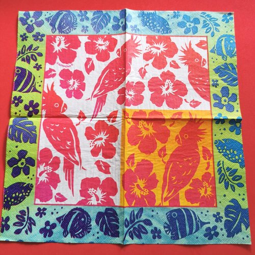 Serviette papier/napkin:  "perroquets feuilles de philodendrons, fleurs d'hibiscus, poissons"