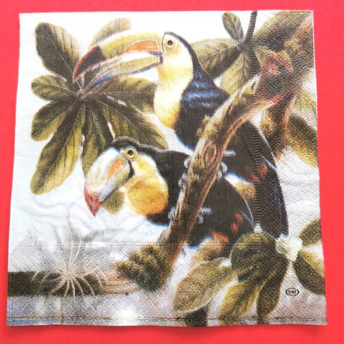 Serviette papier/napkin:  "toucans sur la branche, feuilles de palmiers"