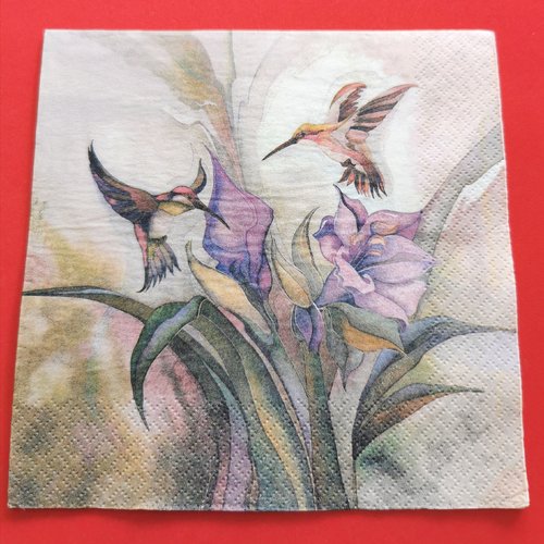 Serviette papier/napkin:  "colibris butinent le nectar des fleurs mauves"