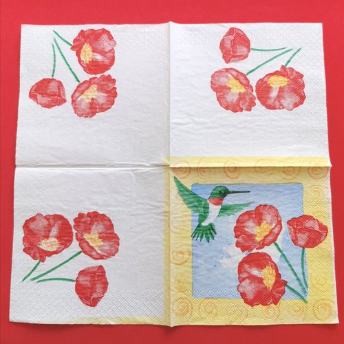 Serviette papier/napkin: "colibri, fleurs exotiques"