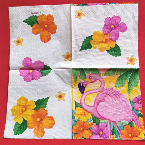 Serviette papier/napkin: "flamand rose, fleurs d'hibiscus, feuille de palmier"