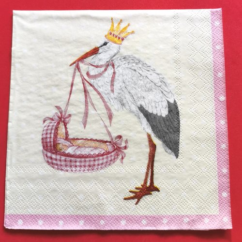 Serviette papier/napkin:  "la cigogne apporte dans le couffin rose le bébé"