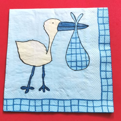 Serviette papier/napkin:  "la cigogne apporte dans son baluchon bleu le bébé"