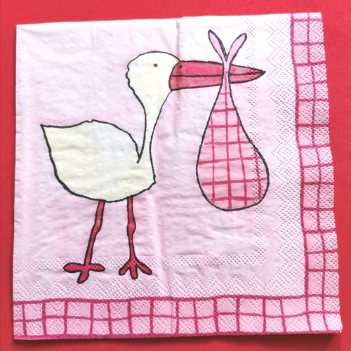 Serviette papier/napkin:  "la cigogne apporte dans son baluchon rose le bébé"