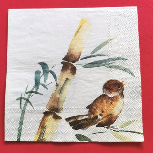 Serviette papier/napkin: "petit oiseau sur la canne de bambou, feuilles de bambou"