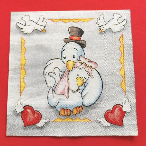 Serviette papier/napkin: "le couple de colombes amoureux, mariage, cœur avec des ailes"