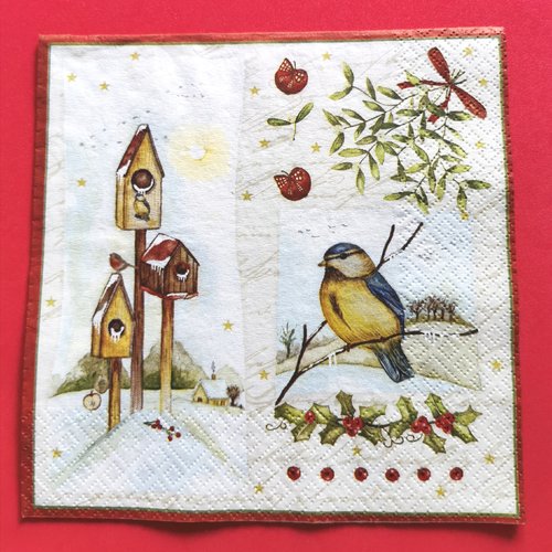 Serviette papier/napkin: "oiseaux, nichoirs, chalet, neige, houx, rubans rouges"