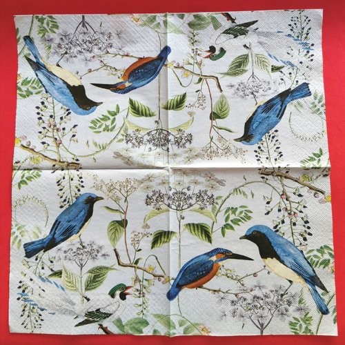 Serviette papier/napkin: "oiseaux bleus, fleurs et feuilles"