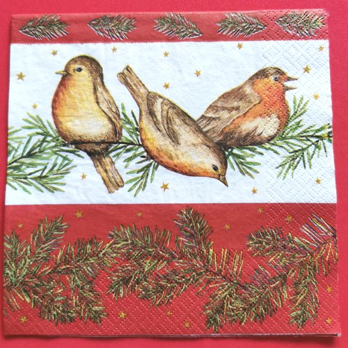 Serviette papier/napkin: "oiseaux sur la branche de sapin, noël, étoiles"