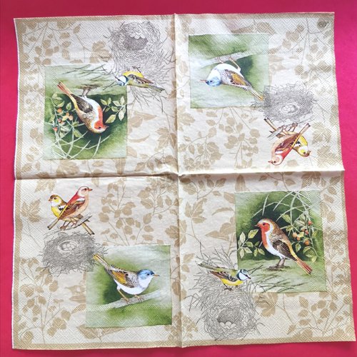 Serviette papier/napkin: "oiseaux , nids, oeufs, brindilles et baies rouges"