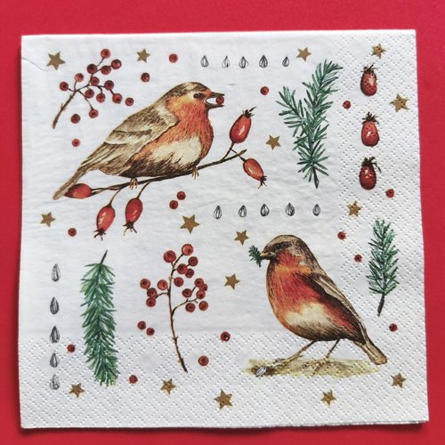 Serviette papier/napkin: "oiseaux, branches de sapin, baies rouges"
