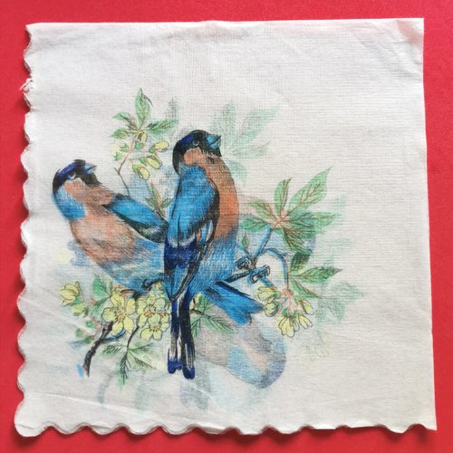 Serviette papier/napkin: "oiseaux bleu et rouge sur la branche de pommier en fleurs"