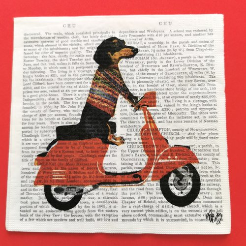 Serviette papier/napkin: "chiens, teckel, scooter, journal"
