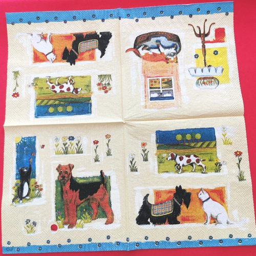Serviette papier/napkin: "chiens,  scottish terrier, épagneul, airedale, chats, poissons rouge"