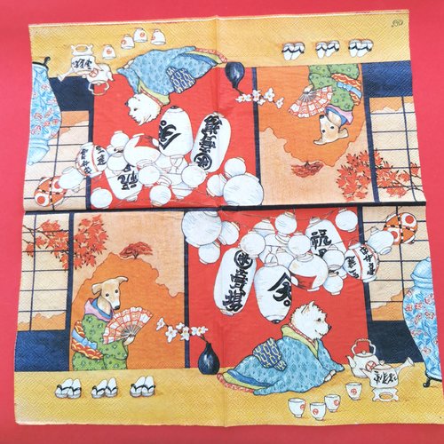 Serviette papier/napkin: "chiens, westi, lévrier, lampions, théière et tasses, orchidée, décor japonais"