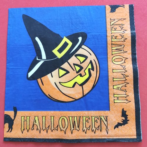 Serviette papier/napkin: "halloween, citrouille, chapeau de la sorcière, chat noir, chauve souris"