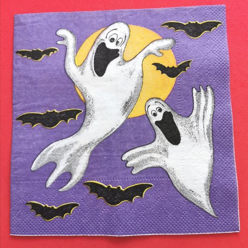 Serviette papier/napkin: "halloween, fantômes, chauve souris, lune"