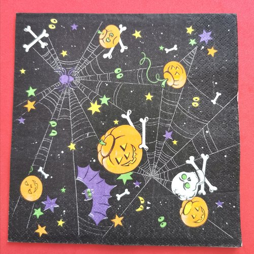 Serviette papier/napkin: "halloween, citrouilles, toiles d'araignées, crâne, os, étoiles, nuit"