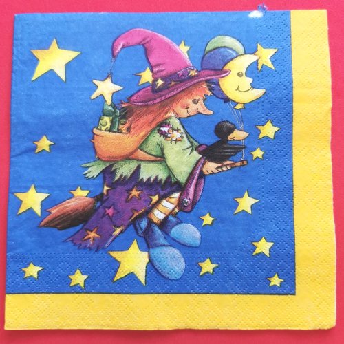 Serviette papier/napkin: "halloween, sorcière sur son balai, corbeau, lune étoiles"