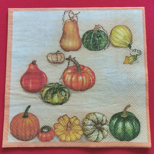 Serviette papier/napkin: "citrouilles, courges, panier osier, baies rouges, feuilles de chêne"