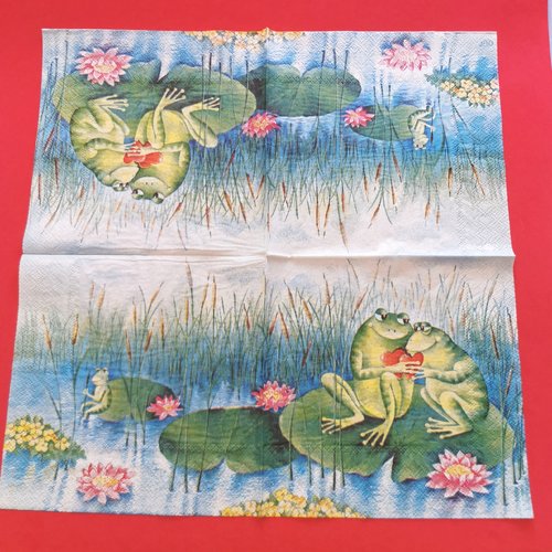 Serviette papier/napkin: "grenouilles, cœurs, feuilles et fleurs de nénuphar, roseaux, étang"