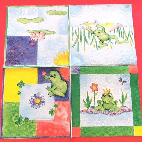 Serviette papier/napkin: "grenouilles, couronne, papillon, mare, feuilles et fleurs de nénuphar, roseaux"