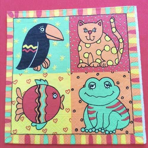 Serviette papier/napkin: "grenouilles, chat, corbeau, poisson"