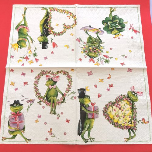 Serviette papier/napkin: "grenouilles, cœurs, fleurs, cadeaux, papillons"