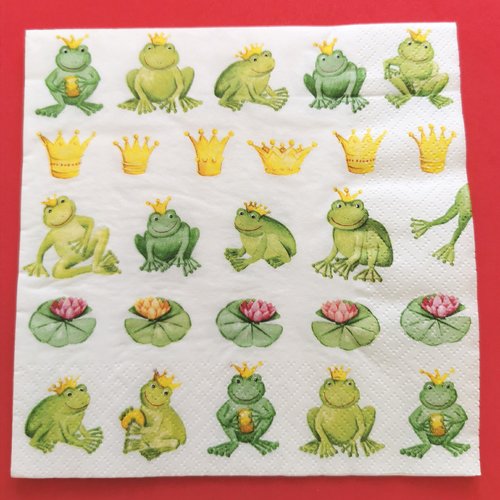 Serviette papier/napkin: "grenouilles, cœurs,couronnes roi et reine, nénuphar"