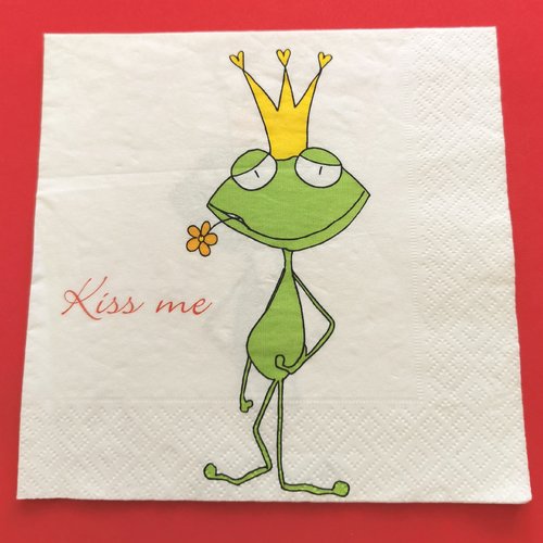 Serviette papier/napkin: "grenouilles, princesse, couronne, kiss me"