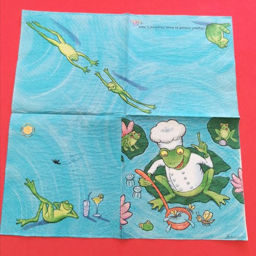 Serviette papier/napkin: "grenouilles, chef cuisinier, louche, mouches"