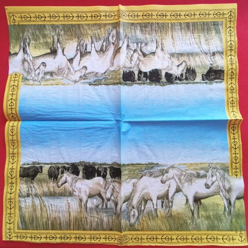 Serviette papier/napkin: "cheval, chevaux camarguais, taureaux"
