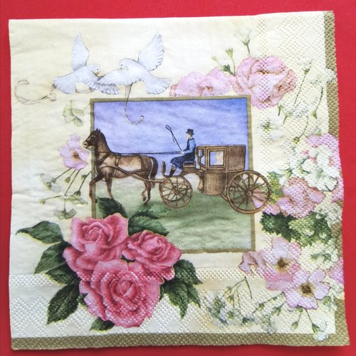 Serviette papier/napkin: "cheval, chevaux, carrosse, mariage, colombes, roses"