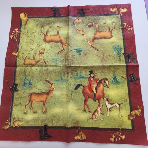 Serviette papier/napkin: "cheval, chevaux,chasse à courre, chiens de porcelaine, cerfs, lapins, bottes, chapeau haut de forme"