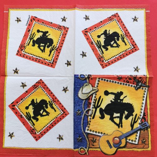 Serviette papier/napkin: "cheval, chevaux, cow-boy, rodéo, guitare, chapeau, cactus"