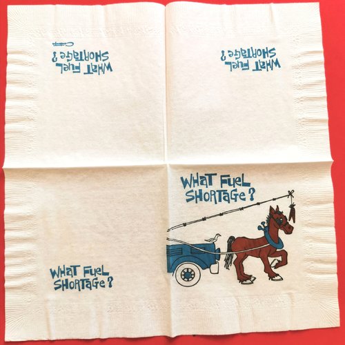 Serviette papier/napkin: "cheval, chevaux, , canne à pêche, carottes"