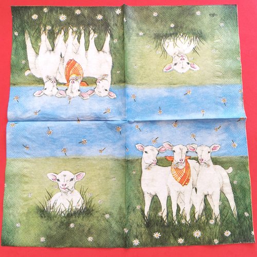 Serviette papier/napkin: "moutons, marguerites, pré, bandana"