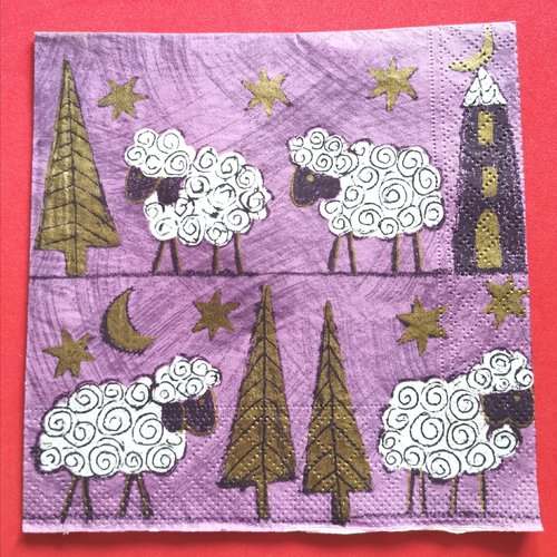 Serviette papier/napkin: "moutons, noël, sapins, lune, étoiles"