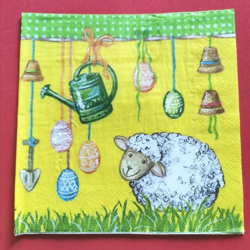 Serviette papier/napkin: "moutons, pâques, arrosoir, œufs, cloches"