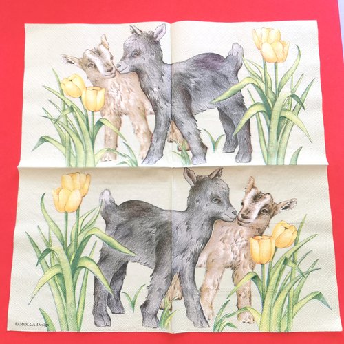 Serviette papier/napkin: "chèvres, chevreaux, tulipes"