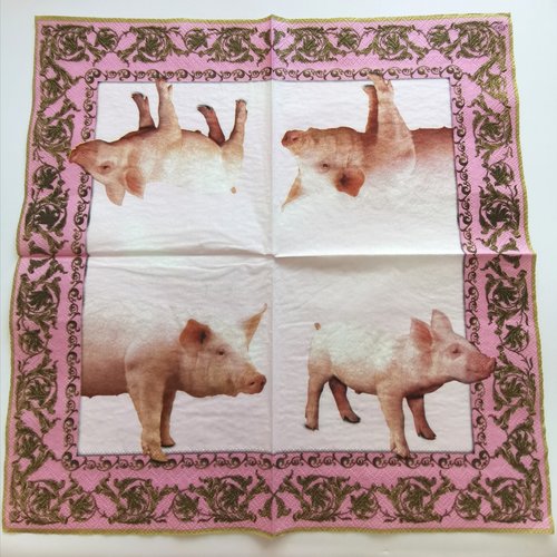 Serviette papier/napkin : "cochons, porcelet rose, arabesques, baroque"